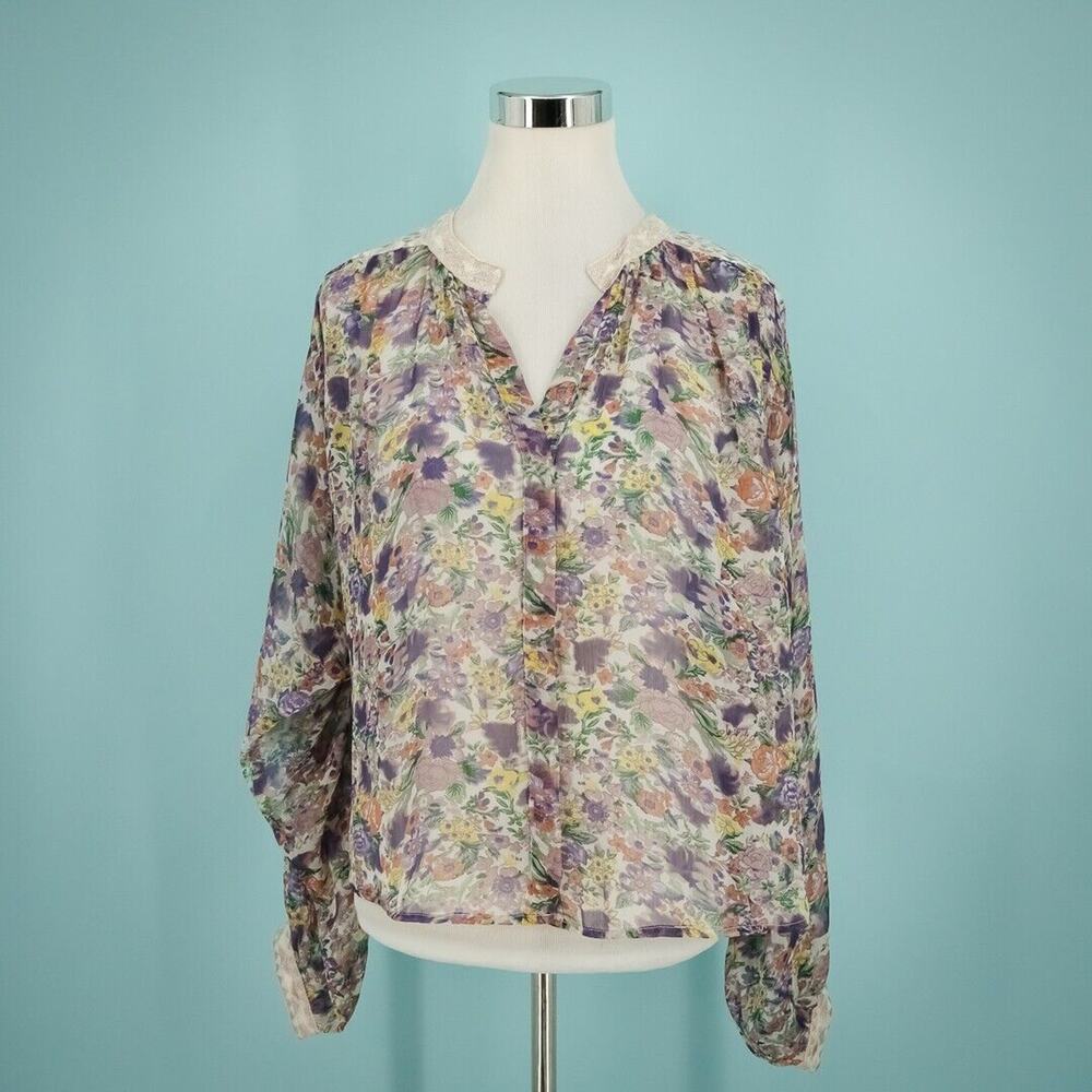 Ranna Gill Anthropologie Size Medium M Floral Print Split V Neck Long Sleeve Top